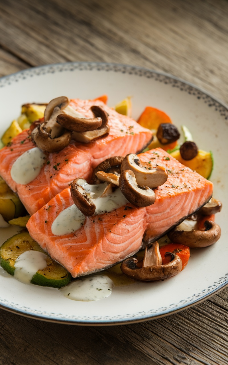 Elegant salmon fillet with sautéed mushrooms, garnished and served with roasted vegetables.